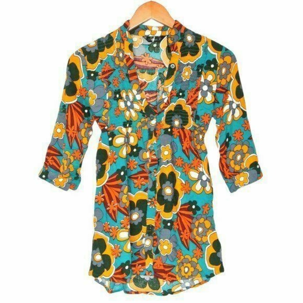 Chance R Women Boho Floral Shirt Blouse S Colorful